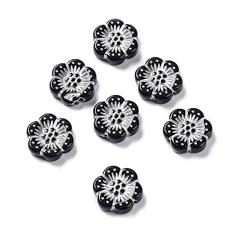 Black Opaque Acrylic Beads, Metal Enlaced, Flower, Silver, 12x13x3.5~4mm, Hole: 1.2mm, about 1150pcs/500g
