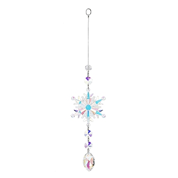 AB Color Glass Snowflake Pendant Decorations, Glass Charms and Iron Ring Suncatcher Window Hanging Ornament, Horse Eye, 293mm