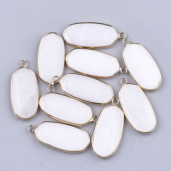 Natural White Jade Pendants, with Brass Findings, Oval, Golden, 36~37x15~16x3~4mm, Hole: 2mm
