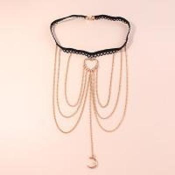 Alloy Rhinestone Sexy Multilayer Tassel Leg Chain, Thigh Body Chain for Women Girls, Moon, 180~350mm