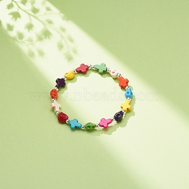 bracelet extensible en perles de turquoise synthétique (teint) avec croix et tête de mort(BJEW-JB08451-02)-2