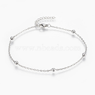 304 Stainless Steel Anklets, with Lobster Claw Clasps, Round Beads and Cable Chains, Stainless Steel Color, 9 inch(230mm)(AJEW-H013-02P)