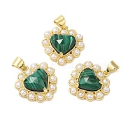 Natural Malachite Pendants, Faceted Heart Charms, with Ion Plating(IP) Brass Findings and Plastic Beads, Real 14K Gold Plated, 18~18.5x17.5~18x5.5~6.8mm, Hole: 4.5x3.5mm(G-E599-05G-A05)