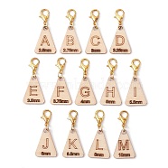 Wood Pendant Decorations, with Zinc Alloy Lobster Claw Clasps, Triangle with Letter A~M, Blanched Almond, 33mm, Triangle: 20x15x1.5mm(HJEW-JM01796)