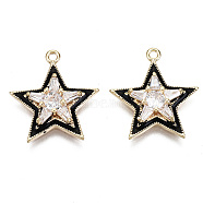Brass Micro Pave Clear Cubic Zirconia Pendants, with Black Enamel, Nickel Free, Star, Real 18K Gold Plated, 17.5x16x3.5mm, Hole: 1.2mm(KK-T056-67G-B01-NF)