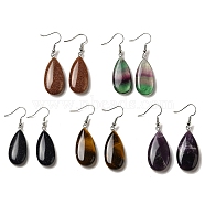 Natural & Synthetic Mixed Gemstone Teardrop Dangle Earrings, Platinum Brass Earrings, 50.5x15mm(EJEW-E296-06P-B)