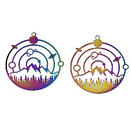 Ion Plating(IP) 201 Stainless Steel Filigree Pendants, Etched Metal Embellishments, Flat Round with Mountains, Rainbow Color, 33.5x31x0.3mm, Hole: 1.6mm(STAS-S118-028)
