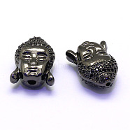 Rack Plating Buddha Head Brass Micro Pave Cubic Zirconia Beads, Cadmium Free & Nickel Free & Lead Free, Gunmetal, 15.5x11.5x7.5mm, Hole: 2mm(X-ZIRC-L048-14B-NR)