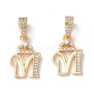 Eco-Friendly Brass Micro Pave Cubic Zirconia Pendants, Long-Lasting Plated, Real 18K Gold Plated, Cadmium Free & Lead Free, Letter, Letter.M, 16~20x7~11.5x1.5~2.2mm, Hole: 6.5x3.5mm(KK-K265-01G-M)