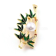 Bamboo Alloy Brooch with Resin Pearl, Exquisite Rhinestone Lapel Pin for Girl Women, Golden, Green, 50x24x11mm, Pin: 0.8mm(JEWB-O009-12)