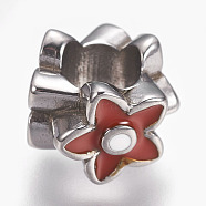 304 Stainless Steel Beads, with Enamel, Large Hole Beads, Flower, Dark Red, Stainless Steel Color, 11x9mm, Hole: 5.5mm(STAS-F195-049P-03)