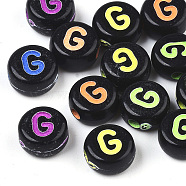 Opaque Black Acrylic Beads, Horizontal Hole, Flat Round with Mixed Color Letter, Letter.G, 7x4mm, Hole: 1.6mm, about 3600pcs/500g(MACR-N008-17G)