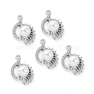 Alloy Rhinestone Pendants, with ABS Plastic Imitation Pearl Beads, Flower Charm, Platinum, 25x15.5x9mm, Hole: 2mm(ALRI-C008-59P)