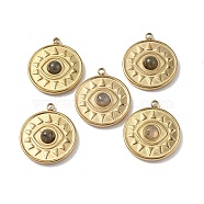 Vacuum Plating 201 Stainless Steel Natural Labradorite Pendants, Real 18K Gold Plated, Flat Round with Eye Charms, 18.5x16x4mm, Hole: 1.6mm(STAS-C064-VC822)
