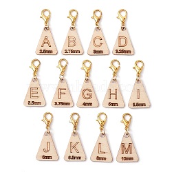 Wood Pendant Decorations, with Zinc Alloy Lobster Claw Clasps, Triangle with Letter A~M, Blanched Almond, 33mm, Triangle: 20x15x1.5mm(HJEW-JM01796)