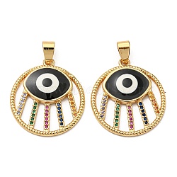 Real 18K Gold Plated Brass Pendants, with Cubic Zirconia and Enamel, Flat Round with Evil Eye Charms, Black, 26x23.5x3mm, Hole: 6x4mm(KK-L209-010G-02)
