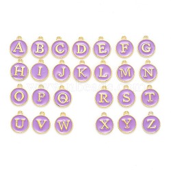 Initial Letter A~Z Alphabet Enamel Charms, Flat Round Disc Double Sided Charms, Golden Plated Enamelled Sequins Alloy Charms, Medium Purple, 14x12x2mm, Hole: 1.5mm, 26pcs/set(ENAM-Q437-10)
