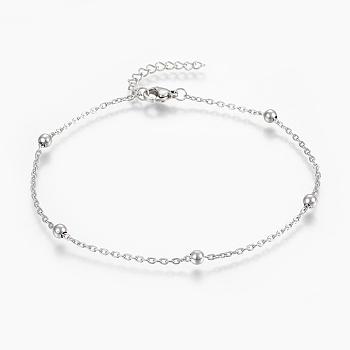 304 Stainless Steel Anklets, with Lobster Claw Clasps, Round Beads and Cable Chains, Stainless Steel Color, 9 inch(230mm)