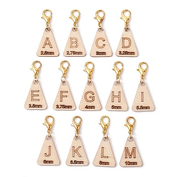 Wood Pendant Decorations, with Zinc Alloy Lobster Claw Clasps, Triangle with Letter A~M, Blanched Almond, 33mm, Triangle: 20x15x1.5mm