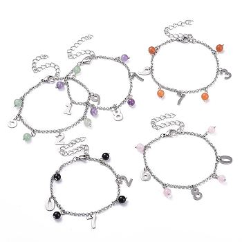 Natural Gemstone Bracelets, with 304 Stainless Steel Mixed Number Charms and Lobster Claw Clasps, 7-1/2 inch(19cm), 2.5mm