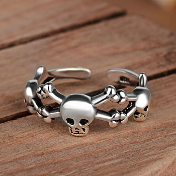 Brass Skull Spider Open Cuff Finger Ring, Gothic Jewelry for Women, Silver, Inner Diameter: 16mm