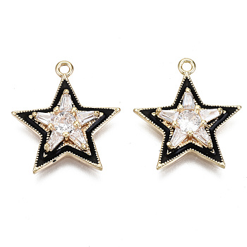 Brass Micro Pave Clear Cubic Zirconia Pendants, with Black Enamel, Nickel Free, Star, Real 18K Gold Plated, 17.5x16x3.5mm, Hole: 1.2mm