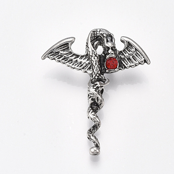 Alloy Big Pendants, with Rhinestone, Wing with Dragon, Light Siam, Antique Silver, 55x45.5x13mm, Hole: 8.5x6.5mm