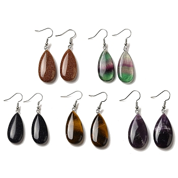 Natural & Synthetic Mixed Gemstone Teardrop Dangle Earrings, Platinum Brass Earrings, 50.5x15mm