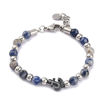 Natural Sodalite & Synthetic Magnetic Hematite Anchor Beaded Bracelet, 8-1/2 inch(21.5cm)