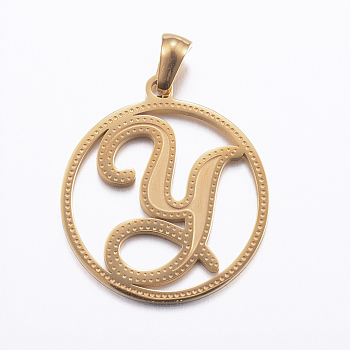 Ion Plating(IP) 304 Stainless Steel Pendants, Flat Round with Letter, Golden, Letter.Y, 28x25x1.2mm, Hole: 6x3.5mm