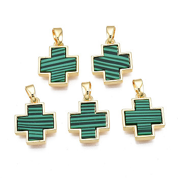 Real 18K Gold Plated Brass Pendants, with Synthetic Malachite Cabochons, Cadmium Free & Nickel Free & Lead Free, Cross, Malachite, 15.5x13x2.5mm, Hole: 2.5x5mm