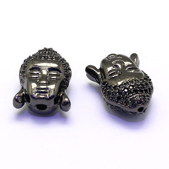Rack Plating Buddha Head Brass Micro Pave Cubic Zirconia Beads, Cadmium Free & Nickel Free & Lead Free, Gunmetal, 15.5x11.5x7.5mm, Hole: 2mm