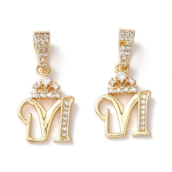Eco-Friendly Brass Micro Pave Cubic Zirconia Pendants, Long-Lasting Plated, Real 18K Gold Plated, Cadmium Free & Lead Free, Letter, Letter.M, 16~20x7~11.5x1.5~2.2mm, Hole: 6.5x3.5mm