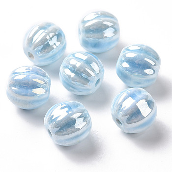Handmade Pearlized Porcelain Beads, Pearlized, Pumpkin, Light Sky Blue, 13x12mm, Hole: 2mm
