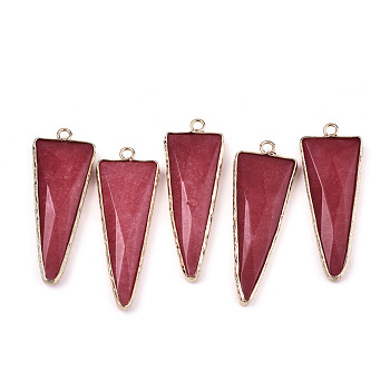 Natural White Jade Pointed Pendants, with Light Gold Plated Brass Edge and Loop, Triangle, Faceted, Dyed & Heated, 45.5x16.5x6~7mm, Hole: 2.5mm