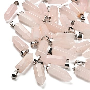 Natural Rose Quartz Pendants, with Stainless Steel Color Plated 201 Stainless Steel Snap on Bails, 25.5~26.5x8~9x8~9mm, Hole: 7x4mm