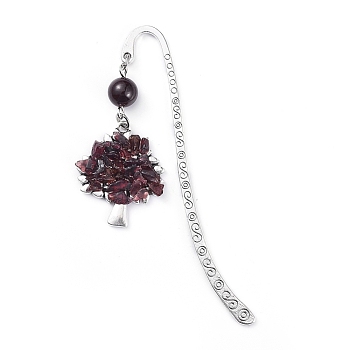 Tibetan Style Alloy Bookmarks, with Alloy Pendants and Natural Garnet Beads, Tree, 84mm, Pendant: 28x23.5x6mm