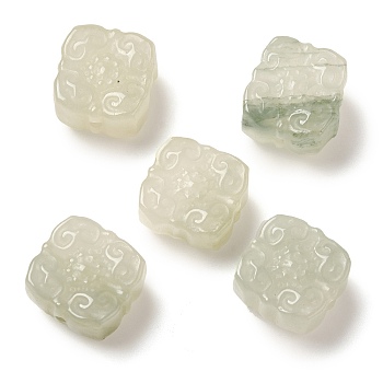 Natural Jade Beads, Square with Carved Flower, 14x14x8mm, Hole: 1.2mm