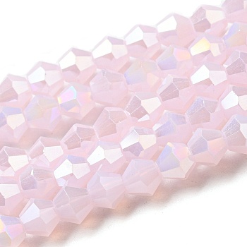 Imitation Jade Electroplate Glass Beads Strands, AB Color Plated, Faceted, Bicone, Pink, 4x4mm, Hole: 0.8mm, about 82~85pcs/strand, 12.01~12.2 inch(30.5~31cm)