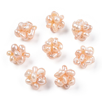 Round Natural Cultured Freshwater Pearl Beads, Handmade Ball Cluster Beads, PeachPuff, 10~11mm, Hole: 0.5mm