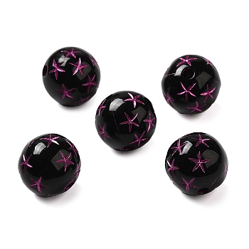 Opaque Acrylic Beads, Round with Flower, Black, 12x11.5mm, Hole: 2mm, about: 517pcs/500g