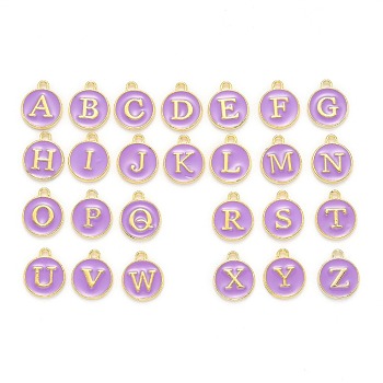 Initial Letter A~Z Alphabet Enamel Charms, Flat Round Disc Double Sided Charms, Golden Plated Enamelled Sequins Alloy Charms, Medium Purple, 14x12x2mm, Hole: 1.5mm, 26pcs/set