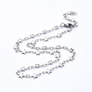 304 Stainless Steel Star Link Chain Necklaces, with Lobster Claw Clasps, Stainless Steel Color, 14.48 inch(36.8cm)