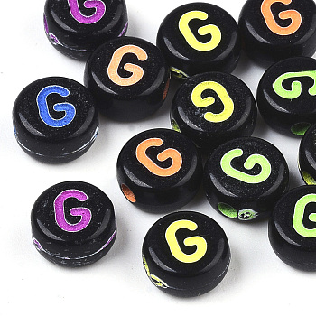 Opaque Black Acrylic Beads, Horizontal Hole, Flat Round with Mixed Color Letter, Letter.G, 7x4mm, Hole: 1.6mm, about 3600pcs/500g
