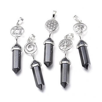 Synthetic Non-magnetic Hematite Pointed Big Pendants, Double Terminated Pointed, with Platinum Plated Brass Findings, Faceted, Bullet, 59~67x14~15mm, Hole: 7x5mm, Gemstone: 41~44x8mm