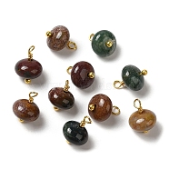 Natural Agate Rondelle Charms, with Real 18K Gold Plated Brass Loops, 10.5~11.5x8mm, Hole: 1.8mm(KK-P242-15G)