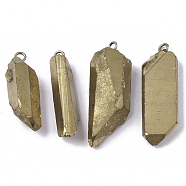 Vacuum Plating Natural Quartz Crystal Pendants, with Brass Loop, Strip Shape, Dark Goldenrod, 24~36x7~16x6~11mm, Hole: 1.8mm(G-R461-07E)