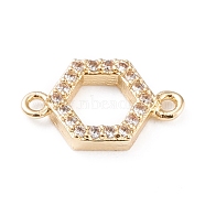 Brass Micro Pave Cubic Zirconia Links, Long-Lasting Plated, Hexagon, Clear, Golden, 7.5x12.5x2mm, Hole: 1mm(ZIRC-L097-011G)