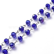 Handmade Electroplate Glass Beaded Chains, with Platinum Plated Iron Eye Pin, Unwelded, Dark Blue, 39.37 inch(100cm), Beads: 6x4.5mm(AJEW-JB00528-04)