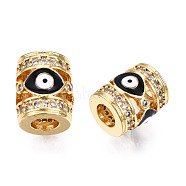 Brass Micro Pave Cubic Zirconia Beads, with Enamel, Real 18K Gold Plated, Column with Evil Eye, Nickel Free, Black, 11.5x9.5mm, Hole: 4.5mm(KK-N227-90A)